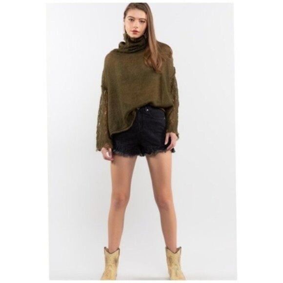 POL Open Weave Turtleneck Sweater In Olive - Picture 5 of 13